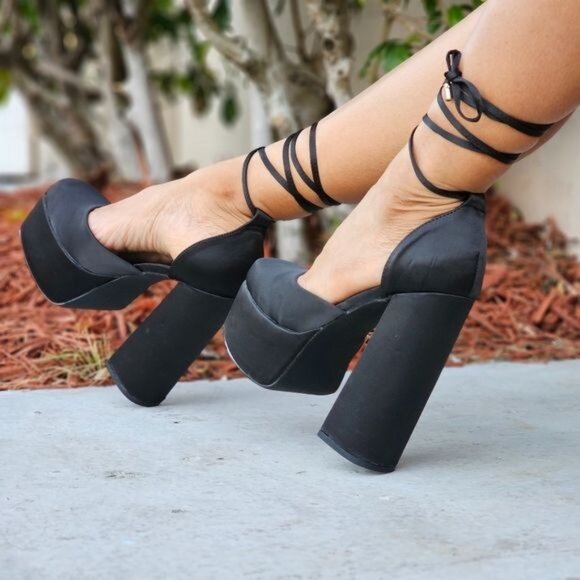 Womens Satin Platform Chunky Lace Up Heels Black Color - Picture 5 of 7